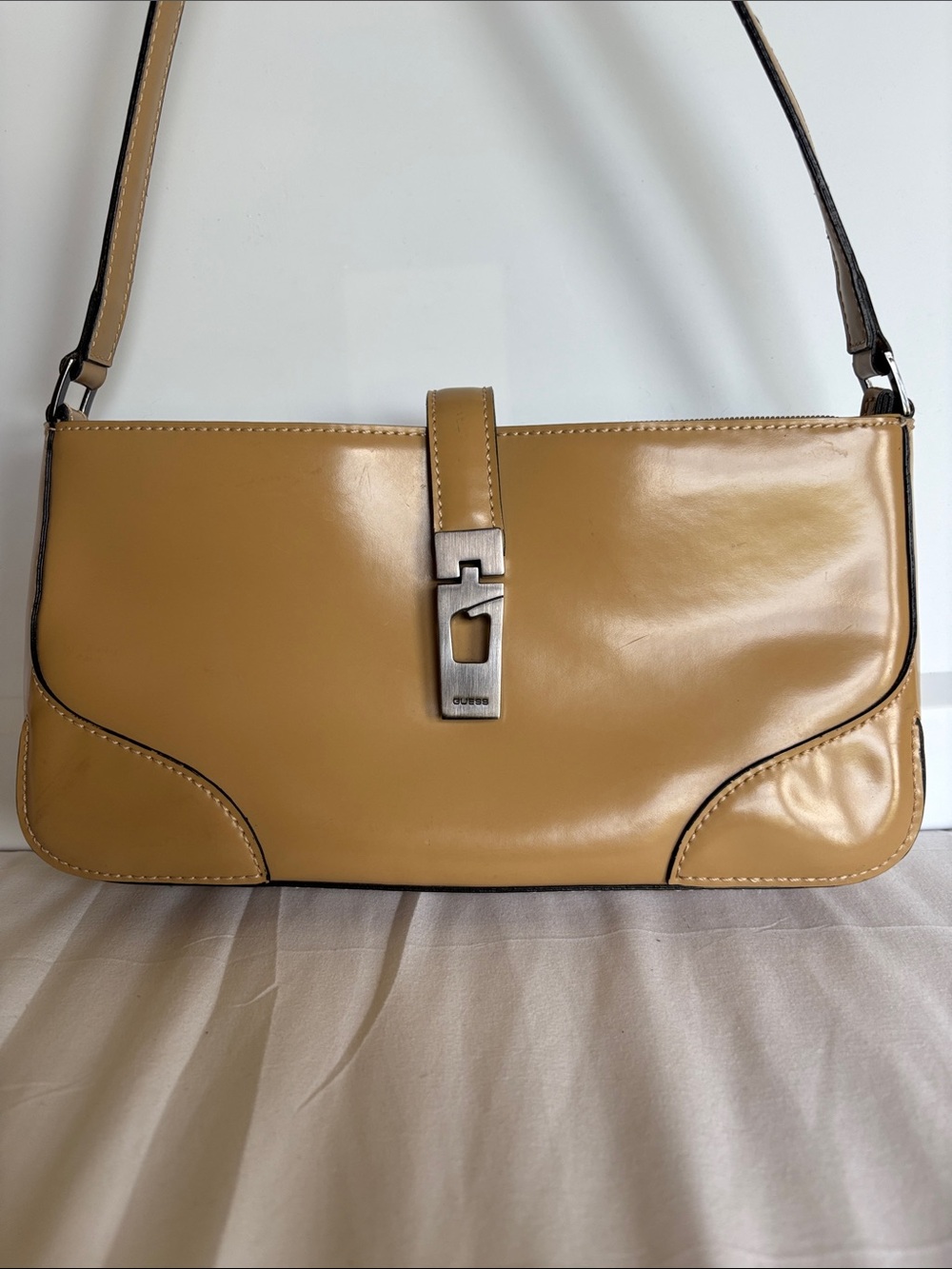 Guess Patent Leather Y2K Shoulder Bag Tan - Picture 1 of 13